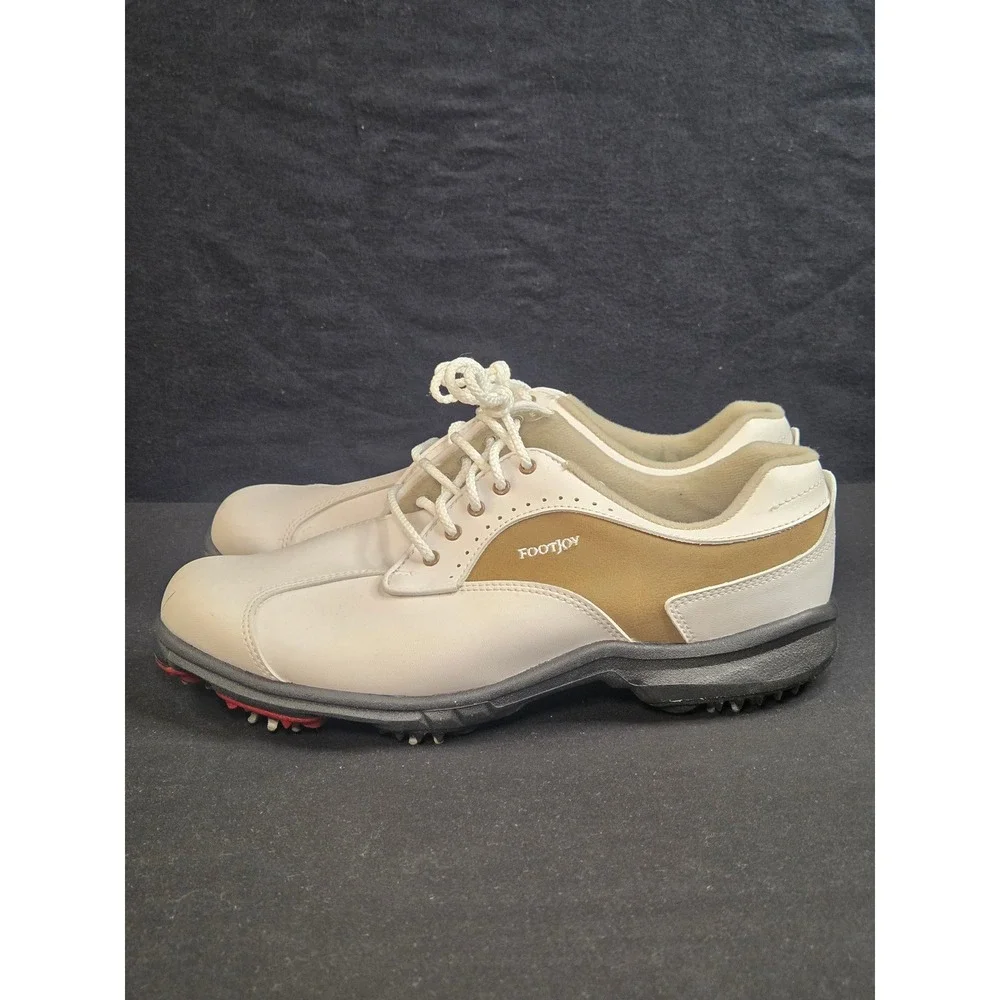 FootJoy GreenJoys Women 9.5 M White Tan Saddle Spiked leather Golf Shoes 48377